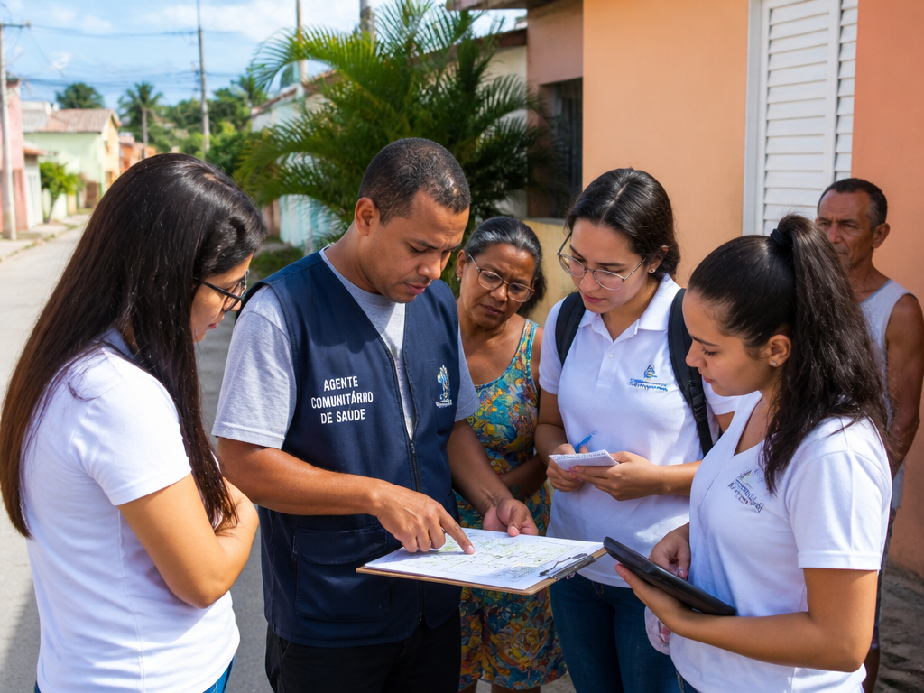 Equipe de saúde coletando informações territoriais em campo com agentes comunitários e estudantes